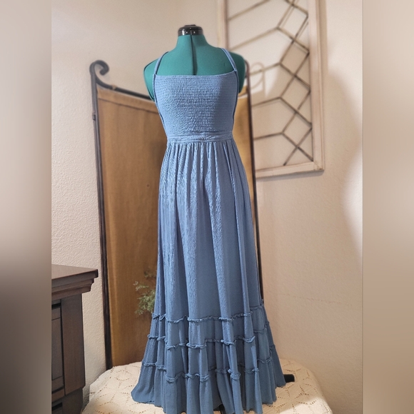 R. Vivimos Blue Maxi Summer Cotton / Rayon Backless Ruffled Dress Size Medium - Picture 2 of 11